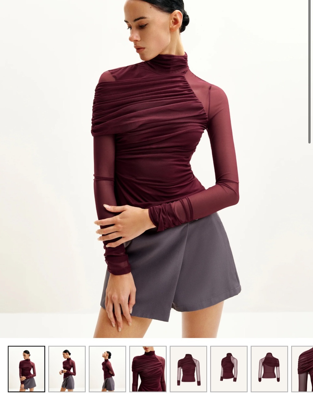 JW PEI Burgundy Sheer ruched top long sleeve